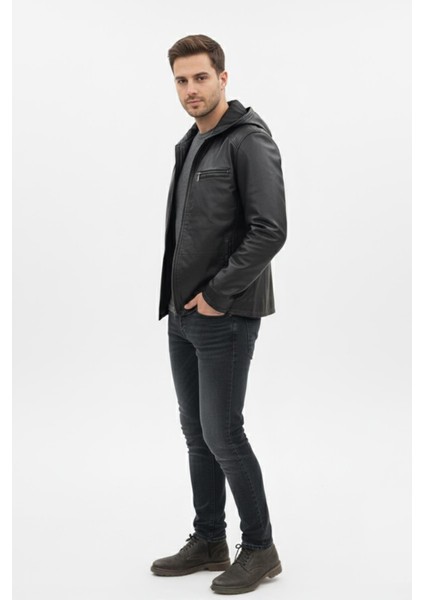 Erkek Siyah Kapüşonlu Hakiki Deri Mont indirimleri