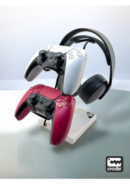 Beyaz Ahşap ve Siyah Metal Gaming Ps4 Ps5 Xbox Joystick Kontroller Tutucu ve Kulaklık Dikey Standı