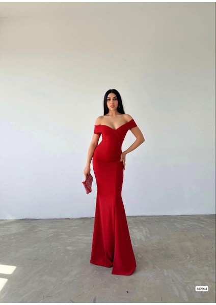 Krep Kumaş Kısa Kollu Kayık Yaka Yırtmaç Detay Maxi Boy Abiye Elbise 582904 Kırmızı