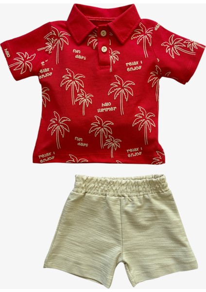 Palmiyeli Kırmızı Şortlu Erkek Bebek Ikili Takım