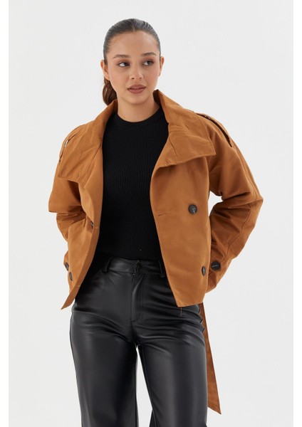 Beli Kuşaklı Crop Trençkot Kahve fiyatları