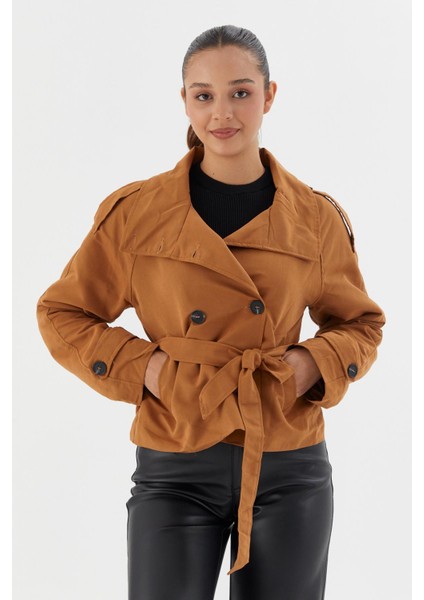 Beli Kuşaklı Crop Trençkot Kahve modelleri