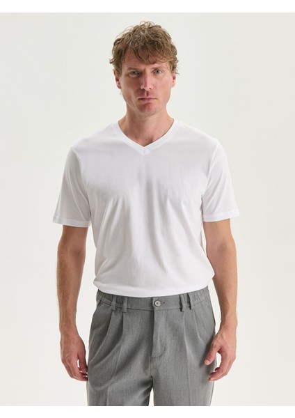 Yeni Sezon V Yaka Kısa Kollu Penye Erkek Tişört