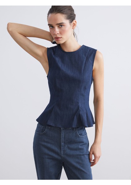 Yeni Sezon Bisiklet Yaka Peplum Jean Bluz