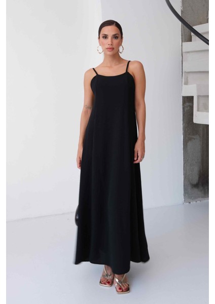 Aerobin Kumaş Ayarlanabilir Askılı Uzun Siyah Elbise fiyatları
