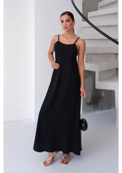 Aerobin Kumaş Ayarlanabilir Askılı Uzun Siyah Elbise modelleri