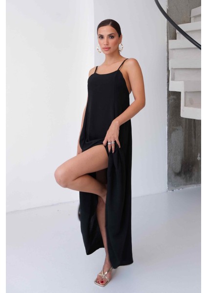 Aerobin Kumaş Ayarlanabilir Askılı Uzun Siyah Elbise fırsatları