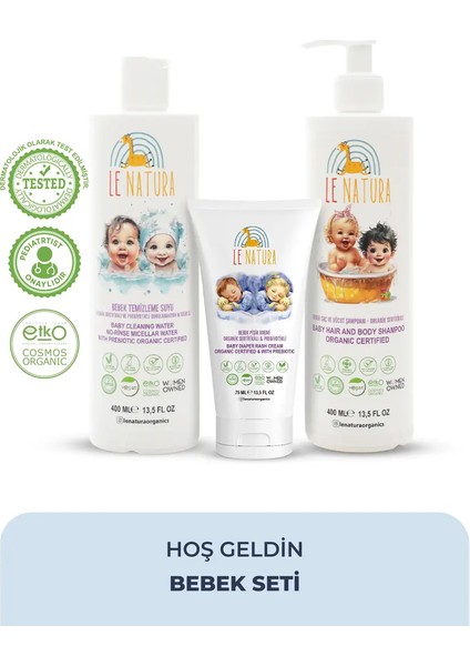 Organik Yenidoğan Bebek Bakım Seti | 3'lü Hoş Geldin Seti | Prebiyotikli Pişik Kremi, Saç & Vücut Şampuanı, Miseler Su