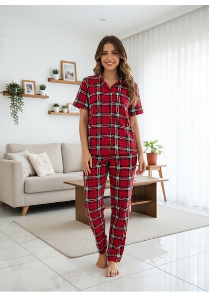 Kadın Kırmızı Ekoseli Pijama Takımı