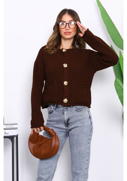 Kahverengi Selanik Örgülü Kısa Triko Hırka
