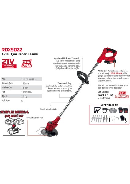 Yan Tırpan Elektrikli Şarjlı Çim Ot Biçme Kesme Rodex RDX9022 Li-On Çift Batarya Akülü 150 mm Disk indirimleri