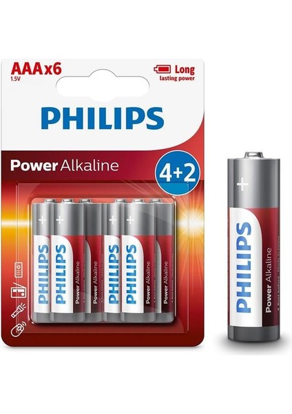 Philips LR03P6BP/10 LR03 Micro 1.5 Volt 4+2 Power Alkaline Aaa Ince Kalem Pil (6'lı Paket)