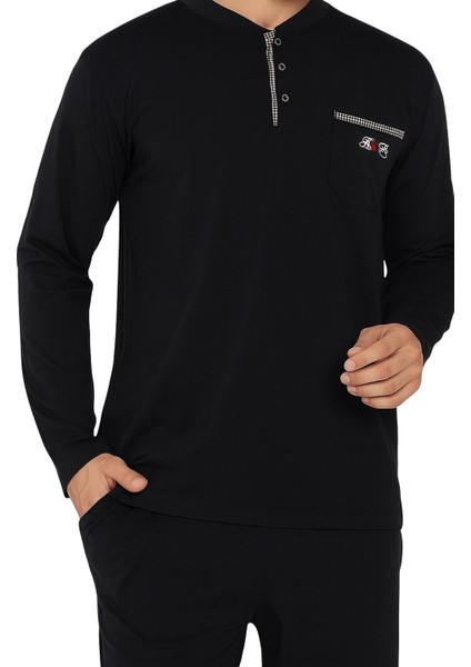 Erkek Siyah Bisiklet Yaka 3 Düğmeli Göğüs Cepli Pamuk Likra Mevsimlik Uzun Kol Cepli Pijama Takımı modelleri