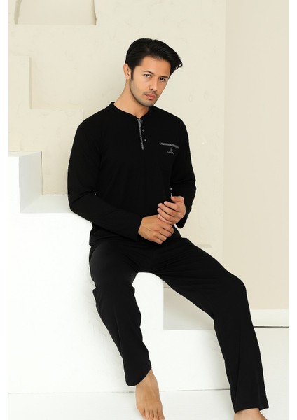 Erkek Siyah Bisiklet Yaka 3 Düğmeli Göğüs Cepli Pamuk Likra Mevsimlik Uzun Kol Cepli Pijama Takımı fırsatları