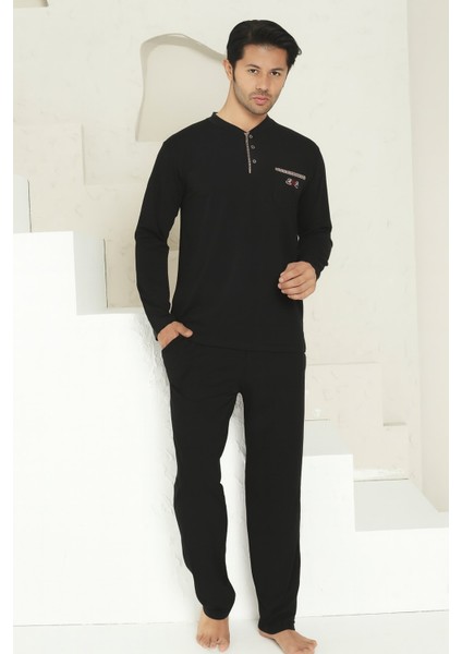 Erkek Siyah Bisiklet Yaka 3 Düğmeli Göğüs Cepli Pamuk Likra Mevsimlik Uzun Kol Cepli Pijama Takımı