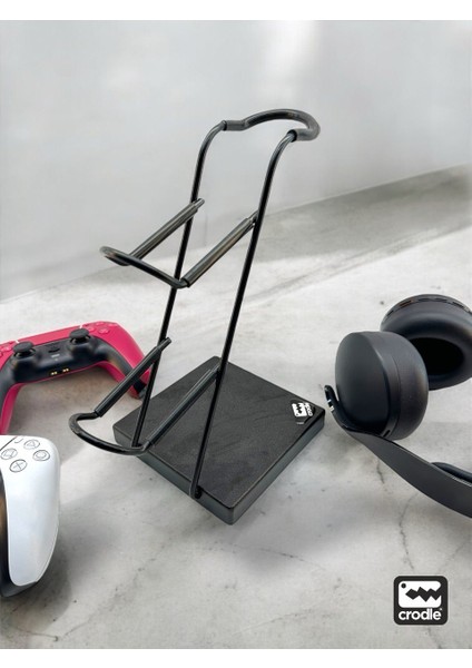 Siyah Ahşap ve Siyah Metal Gaming Ps4 Ps5 Xbox Joystick Controller Tutucu ve Kulaklık Dikey Standı