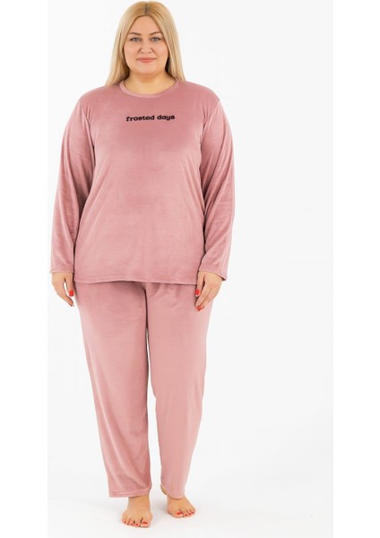 Kadın 13213-2654 Büyük Beden Kadife Pijama Takımı Pudra