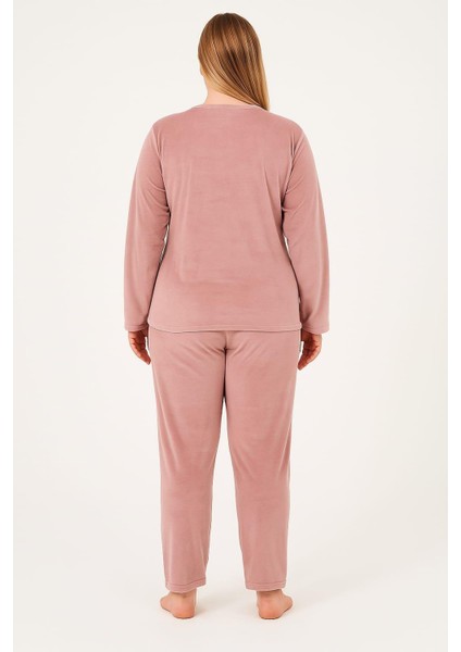 Kadın 13213-2654 Büyük Beden Kadife Pijama Takımı Pudra fiyatları