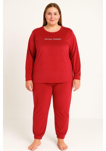 Kadın 13214-2656 Büyük Beden Kadife Pijama Takımı Kırmızı