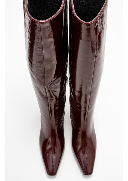 Lume Bordo Rugan Hakiki Deri Kadın Blok Topuklu Çizme fiyatları