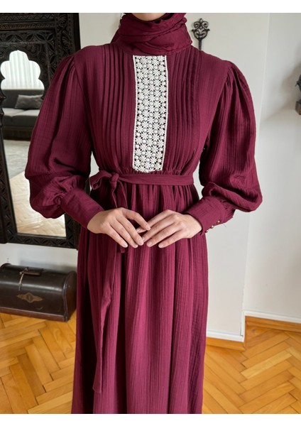 Bordo Dantel ve Nervürlü Müslin Elbise 5087 modelleri