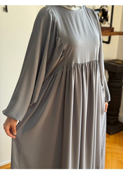 Gri Balon Kollu Oversize Elbise 5096