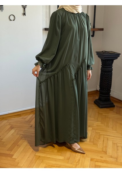 Haki Verev Büzgülü Şifon Elbise 1006
