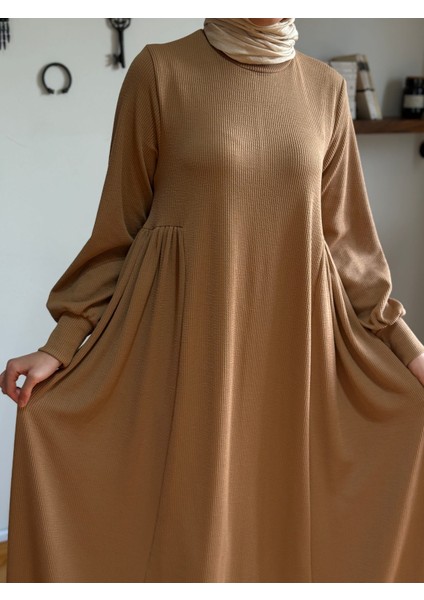 Camel Yandan Büzgülü Fitilli Örme Elbise 9922