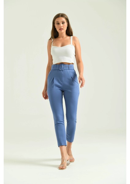 Kadın Pantolon Kemer Detaylı Basic Kadın Pantolon Indigo - T018