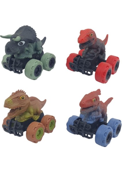 Sürtmeli Dinazor Arabalar 4'lü - 12 cm - Triceratops & Stegosaurus & Triceratops & Parasaurolophus