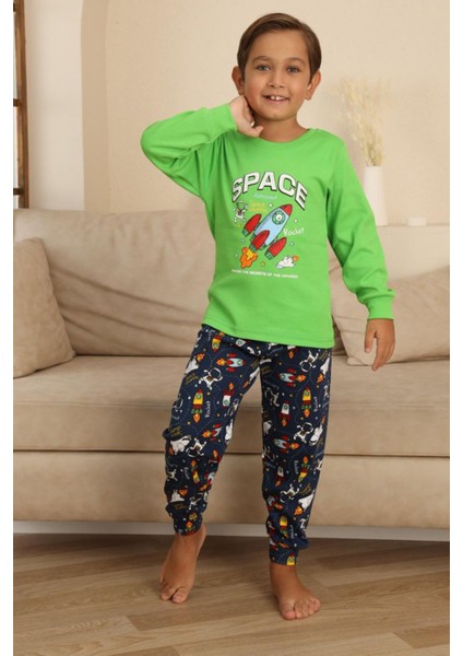 Space Baskılı Erkek Çocuk Pijama takımı - Yeşil