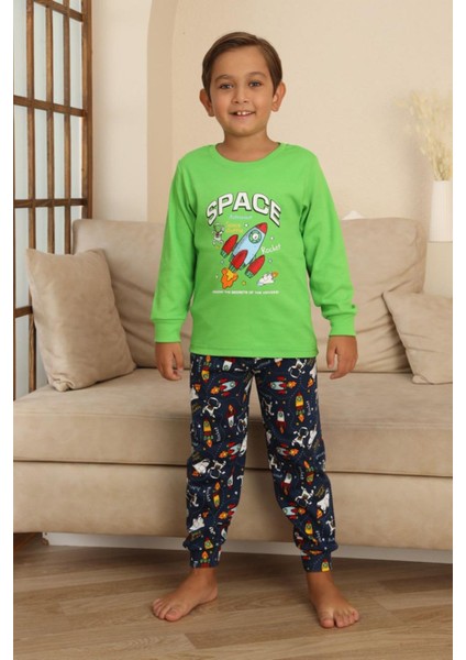 Space Baskılı Erkek Çocuk Pijama takımı - Yeşil fırsatları