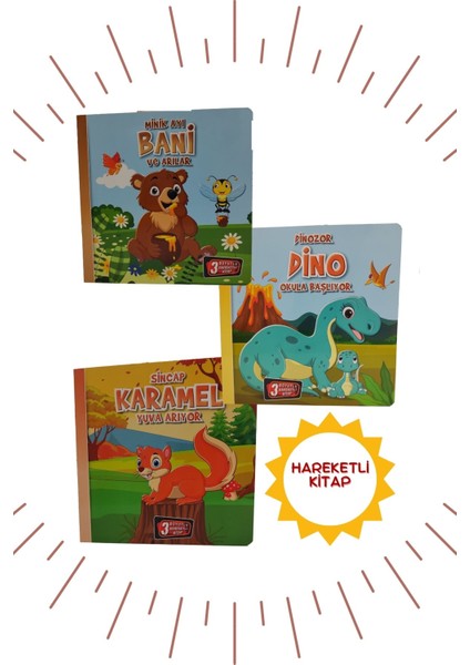 Hareketli Kitaplar-3lü "minik Ayı Bani & Dinozor Dino & Sincap Karamel'' 3 Boyutlu