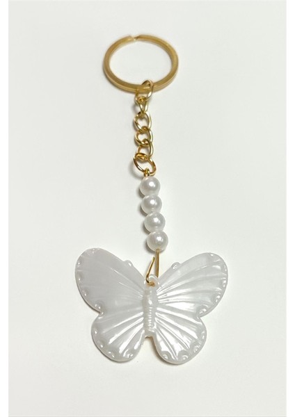 Ds-Derin Kelebek Inci Anahtarlık-Beyaz
