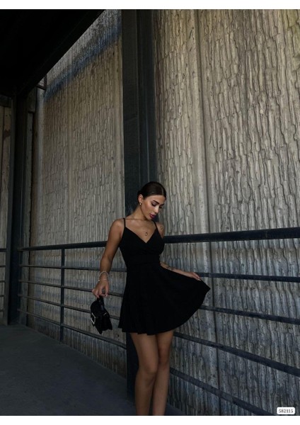 Ince Askılı Kruvaze Yaka Simli Elbise 582115 Siyah modelleri