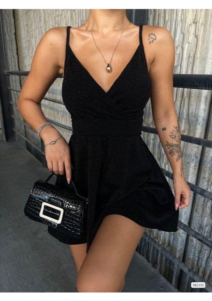 Ince Askılı Kruvaze Yaka Simli Elbise 582115 Siyah fırsatları