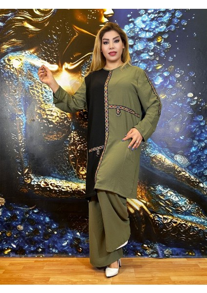 Takım Tunik Pantolon Kadın Üç Rengi Renk Bloklu Etnik Desenli Oversize Bisiklet Yaka Krep Kumaş