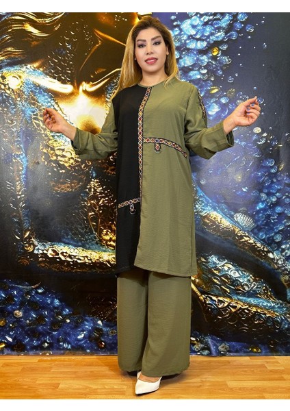 Takım Tunik Pantolon Kadın Üç Rengi Renk Bloklu Etnik Desenli Oversize Bisiklet Yaka Krep Kumaş modelleri