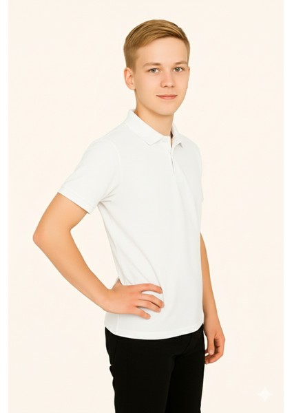 Genç Polo Yaka Tişört | Beyaz | %100 Pamuk | Unisex | Okul & Günlük Kullanım