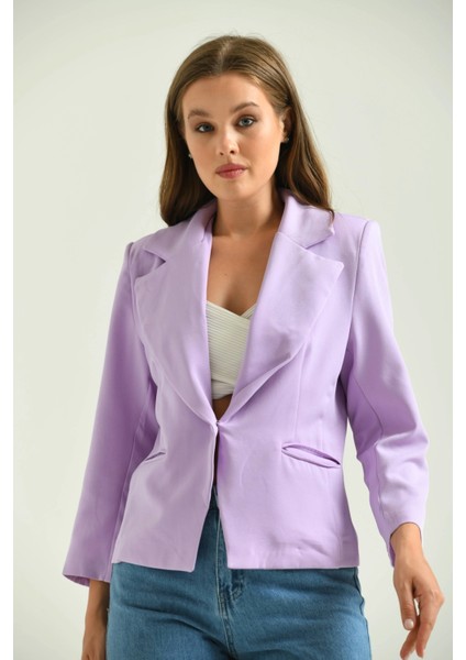 Kadın Blazer Ceket Bel Boy Vatkalı Tek Düğmeli Blazer Lila - T026
