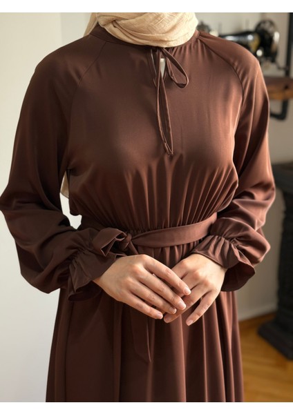 Kahverengi Reglan Kol Bel Lastikli Elbise 5077