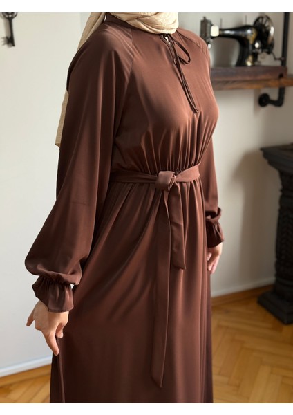 Kahverengi Reglan Kol Bel Lastikli Elbise 5077 fiyatları