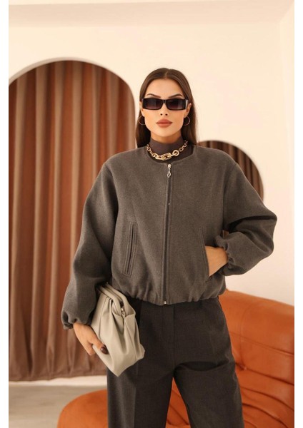 Bel Lastikli Kaşe Bomber Ceket - Gri