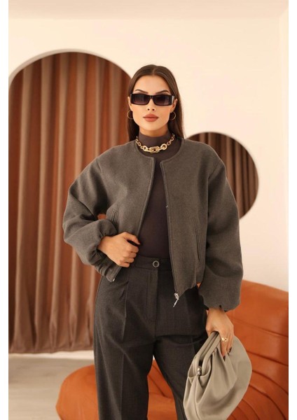 Bel Lastikli Kaşe Bomber Ceket - Gri fiyatları