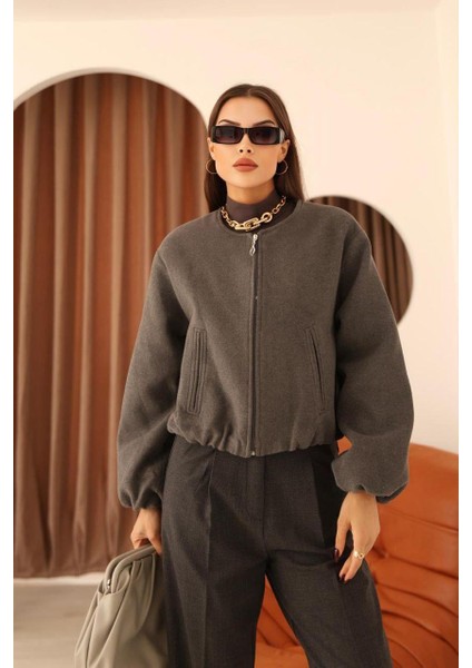 Bel Lastikli Kaşe Bomber Ceket - Gri modelleri