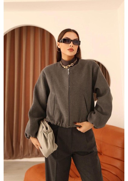 Bel Lastikli Kaşe Bomber Ceket - Gri fırsatları