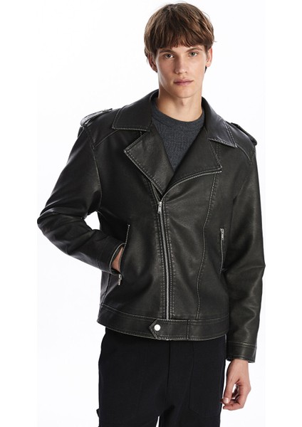 Yeni Sezon Slim Fit Biker Yaka Erkek Deri Görünümlü Ceket