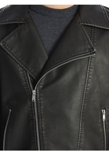 Yeni Sezon Slim Fit Biker Yaka Erkek Deri Görünümlü Ceket modelleri