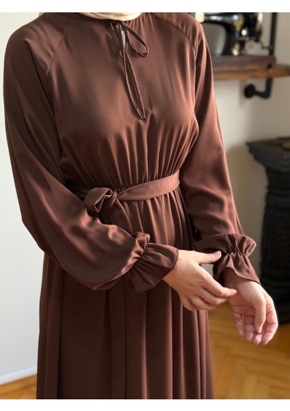 Kahverengi Reglan Kol Bel Lastikli Elbise 5077 modelleri