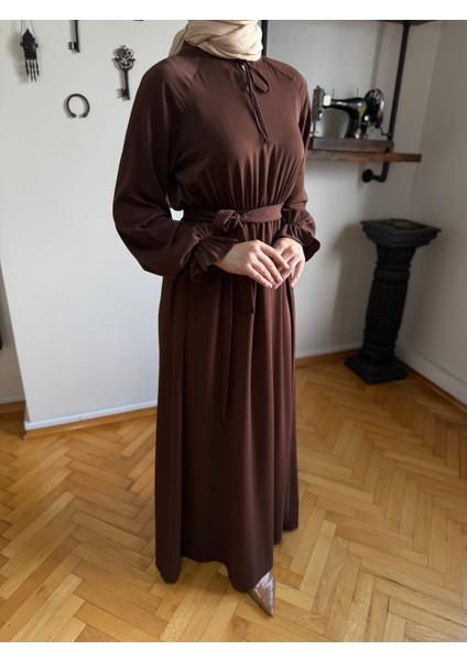 Kahverengi Reglan Kol Bel Lastikli Elbise 5077 indirimleri